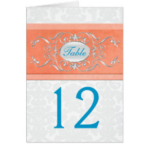Coral, Turquoise, and Gray Damask Table Number