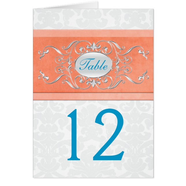 Coral, Turquoise, and Gray Damask Table Number (Front)