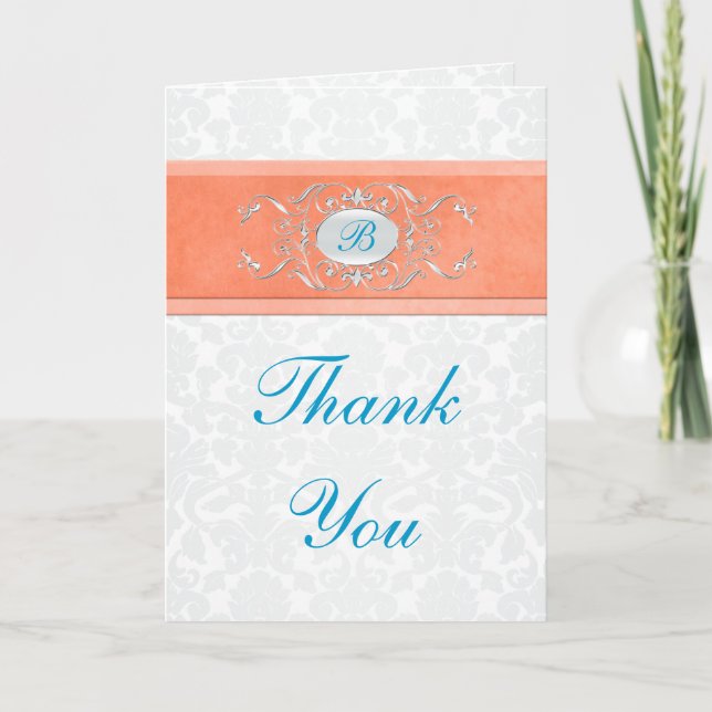 Coral, Turquoise, and Gray Damask Thank You Card (Front)
