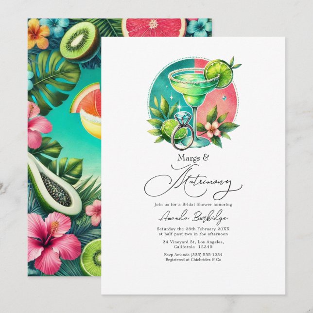 Coral, Turquoise and Lime Margs & Matrimony Bridal Invitation (Front/Back)