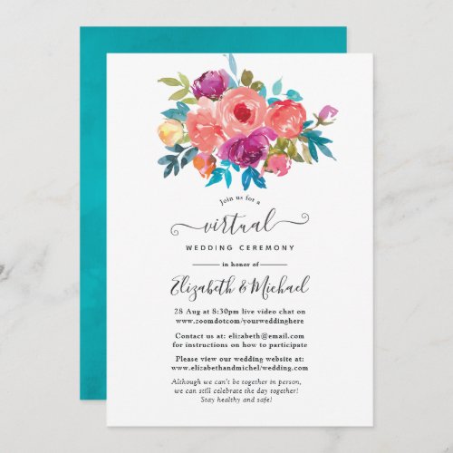 Coral Turquoise and Purple Floral Virtual Wedding Invitation