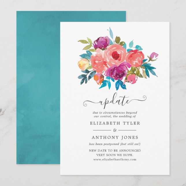 Coral, Turquoise and Purple Floral Wedding Update Invitation (Front/Back)