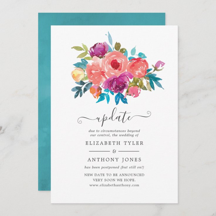 Coral, Turquoise and Purple Floral Wedding Update Invitation | Zazzle
