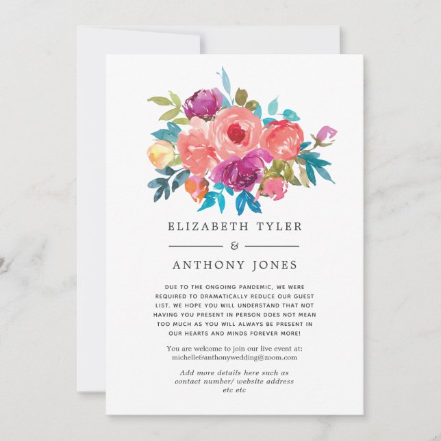 Coral, Turquoise and Purple Reduced Guest List Announcement (Front)