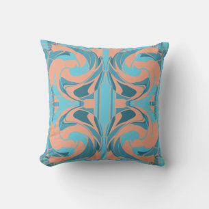 Coral Turquoise Aqua Swirling Large Tile Mosaics Throw Pillow