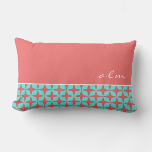 Coral  Turquoise Atomic Pattern  Monogram Lumbar Pillow