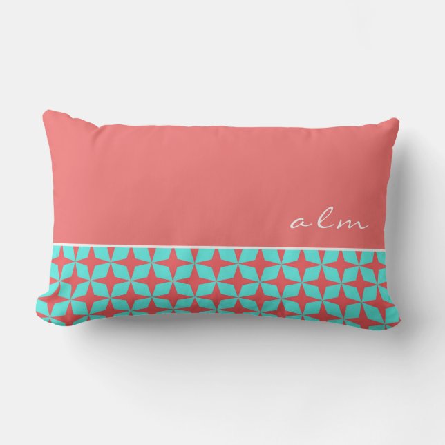 Coral & Turquoise Atomic Pattern | Monogram Lumbar Pillow (Front)