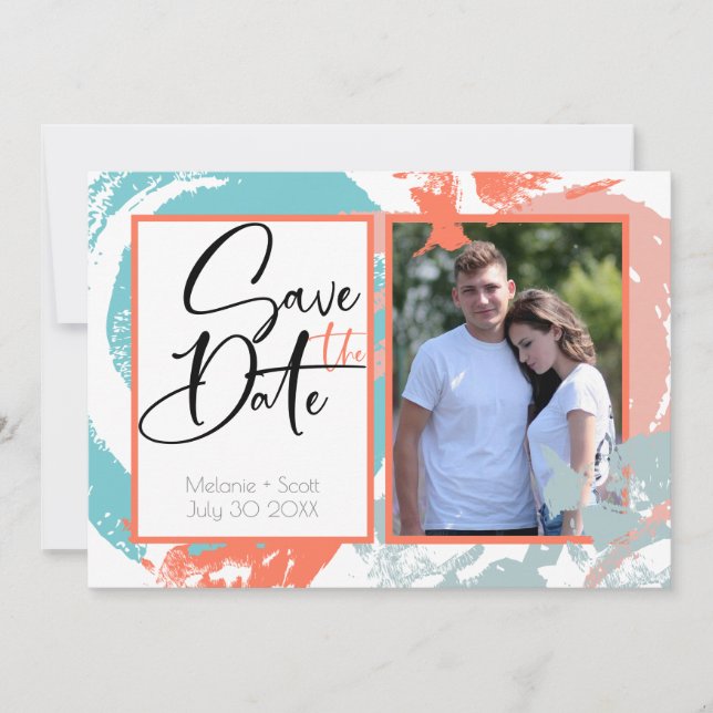 Coral Turquoise Brush Strokes Save the Date Invitation (Front)