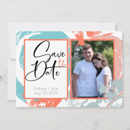 Coral Turquoise Brush Strokes Save the Date Invitation