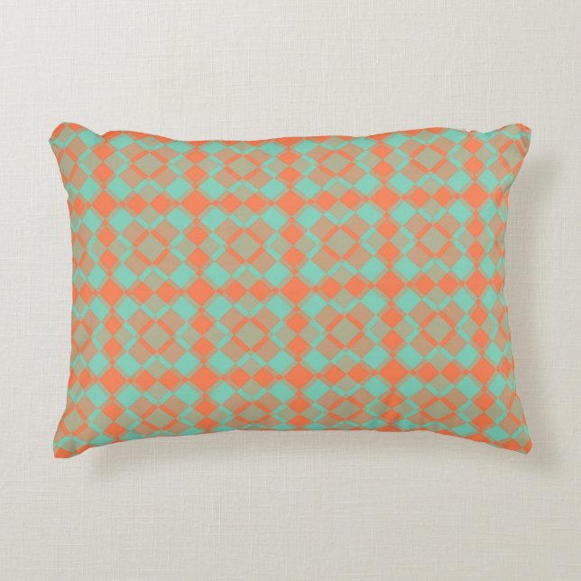 Coral Turquoise Checker Argyle Pattern Accent Pillow (Front)