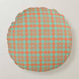Coral Turquoise Checker Argyle Pattern Round Pillow