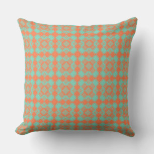 Coral Turquoise Checker Argyle Pattern Throw Pillow