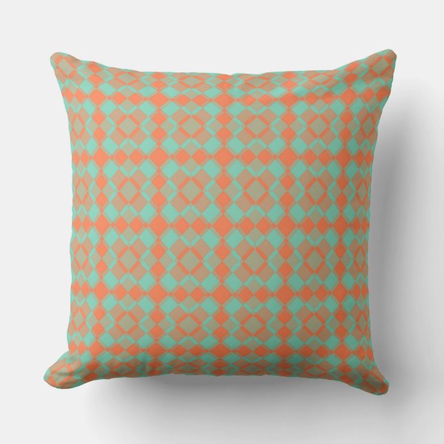 Coral Turquoise Checker Argyle Pattern Throw Pillow (Front)