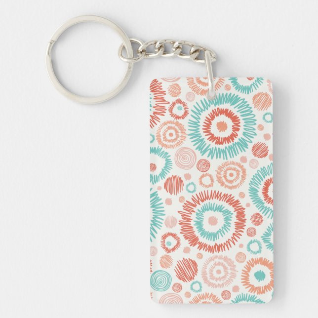 Coral & Turquoise Doodle ZigZag Circles Abstract Keychain (Front)