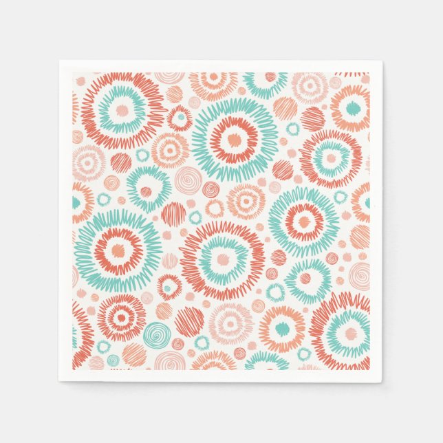 Coral & Turquoise Doodle ZigZag Circles Abstract Paper Napkins (Front)
