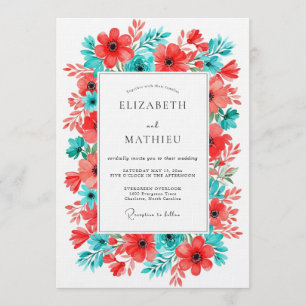 Coral Turquoise Floral Bloom Wedding Invitation