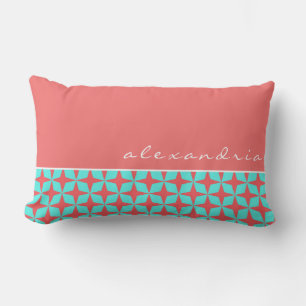 Coral & Turquoise Geometric Pattern Custom Name Lumbar Pillow