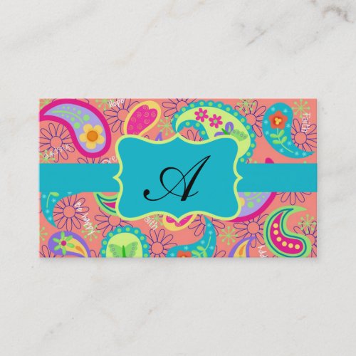 Coral Turquoise Modern Paisley Pattern Monogram Business Card