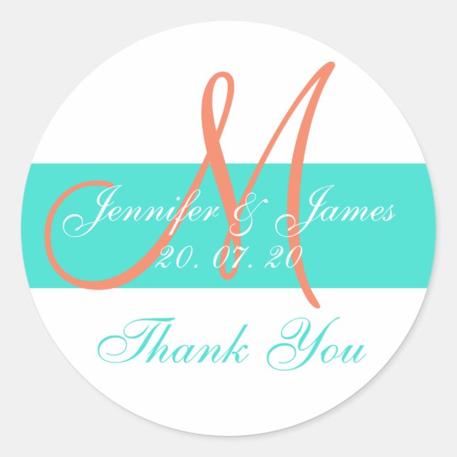 Coral Turquoise Modern Wedding Thank You Stickers (Front)