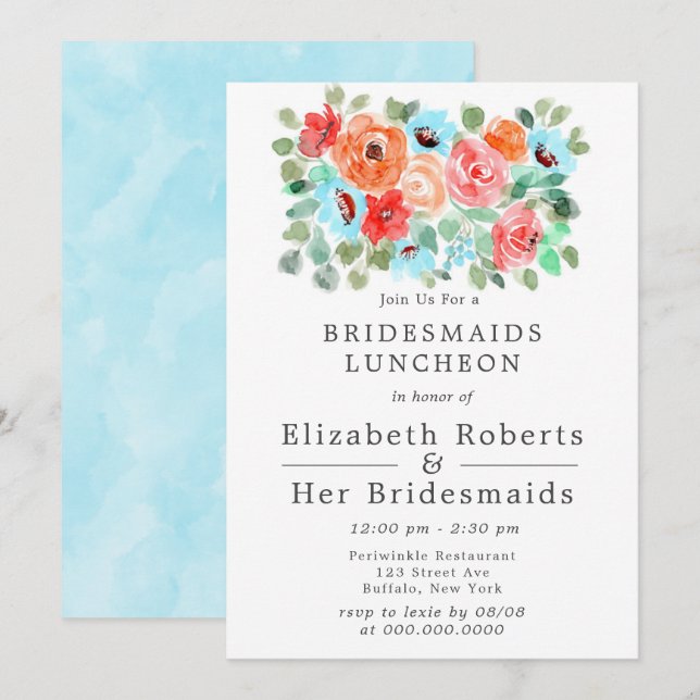 Coral Turquoise Paint Flowers Bridesmaids Luncheon Invitation (Front/Back)