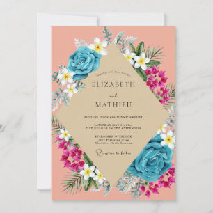 Coral Turquoise Plumeria Muted Eucalyptus Wedding Invitation