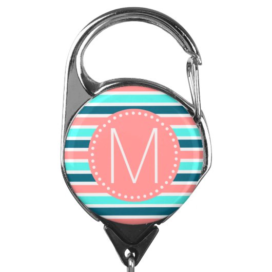 Coral, Turquoise & Teal Stripe Initial Monogram Badge Holder (Carabiner Front)