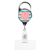 Coral, Turquoise & Teal Stripe Initial Monogram Badge Holder (Front)
