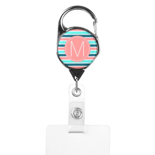 Coral, Turquoise & Teal Stripe Initial Monogram Badge Holder (Front)