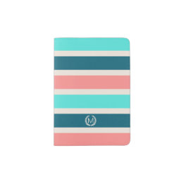 Coral, Turquoise & Teal Stripe Initial Monogram Passport Holder