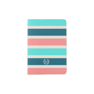 Coral, Turquoise & Teal Stripe Initial Monogram Passport Holder