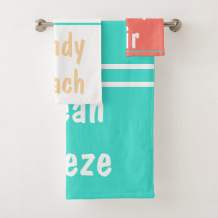 Coral Turquoise White Beach Typography Bath Towel Set
