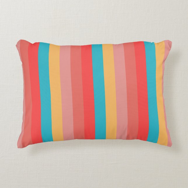 Coral Turquoise Yellow Stripes Accent Pillow (Front)