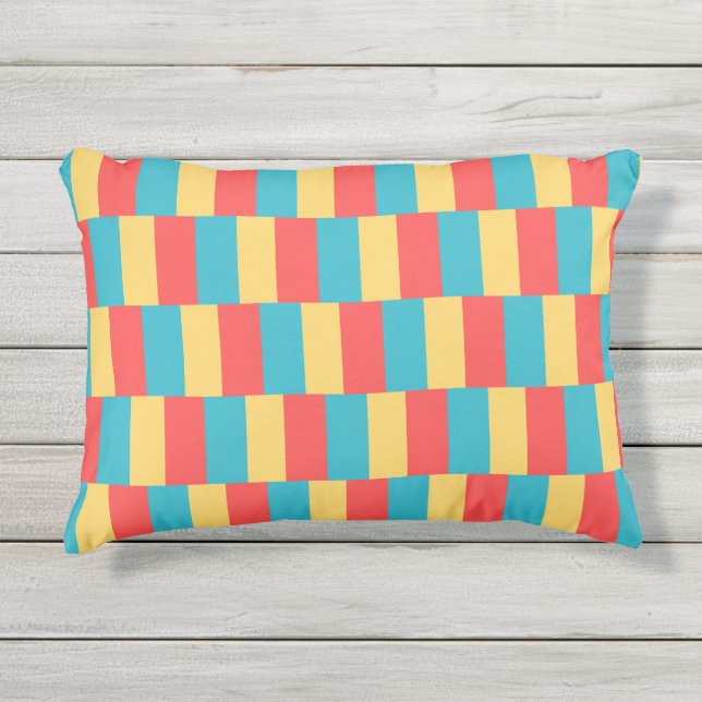 Coral Turquoise Yellow Stripes Outdoor Pillow (Front)