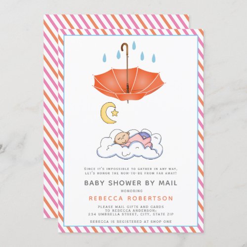 Coral umbrella sleeping baby girl shower by mail invitation