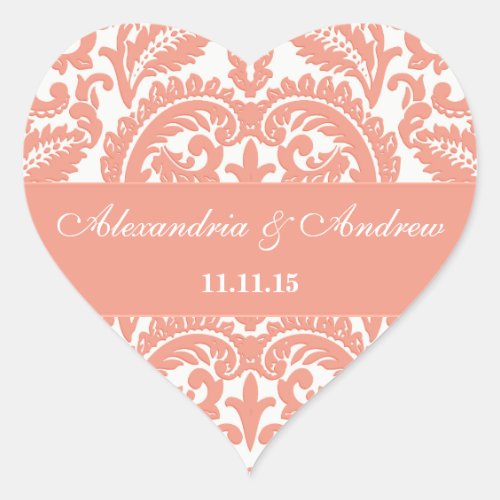 Coral Victorian Vintage Damask Heart Wedding Seal