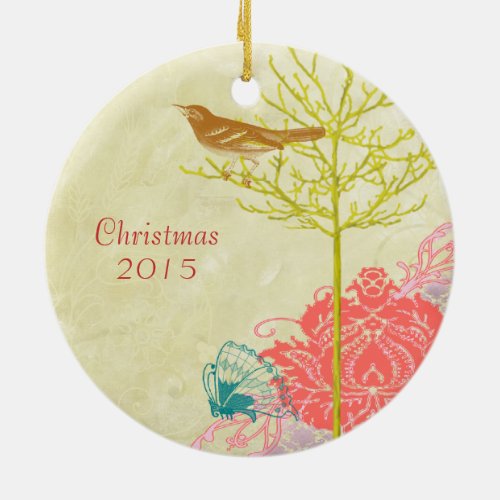 Coral Vintage Bird Christmas Couple Photo Ornament