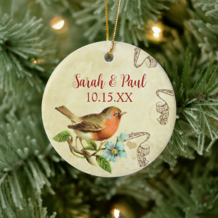 Coral Vintage Bird Save the Date Photo Brown Notes Ceramic Ornament