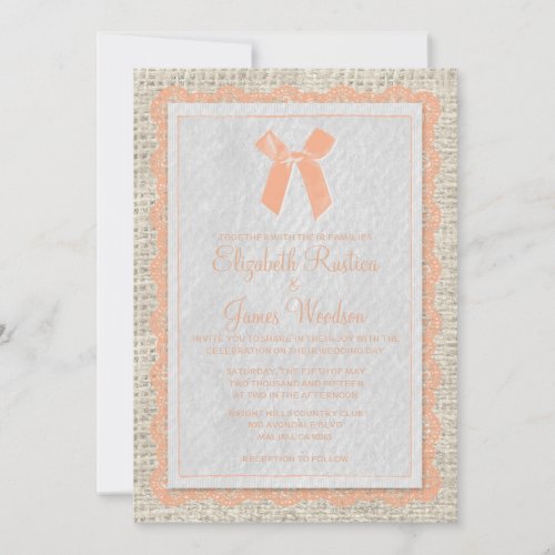 Coral Vintage Bow &amp; Linen Wedding Invitations