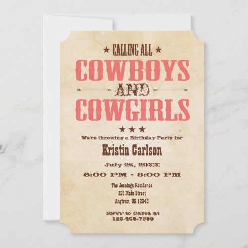 Coral Vintage Cowboy Birthday Invitation