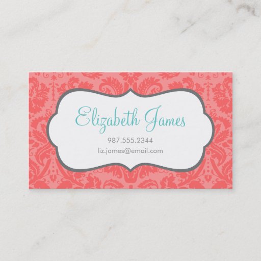 Customizable Coral Vintage Damask Business Card Template