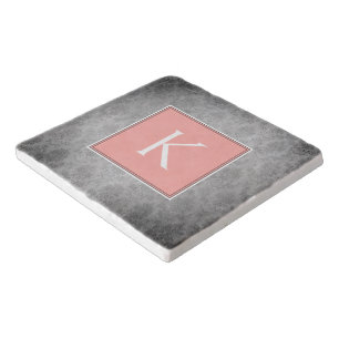Coral Vintage Damask Monogram Stone Trivet