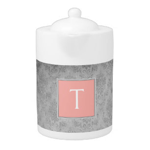 Coral Vintage Damask Monogram Teapot