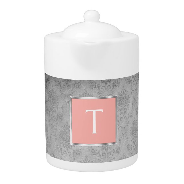 Coral Vintage Damask Monogram Teapot (Front)