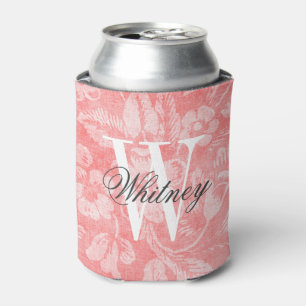 Coral Vintage Floral Print Monogram Can Cooler