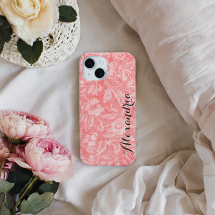 Coral Vintage Floral Print Monogram iPhone 16 Case