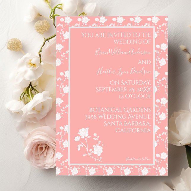 Coral Vintage Rose Wedding Invitation (Coral Rose Wedding Invitation)