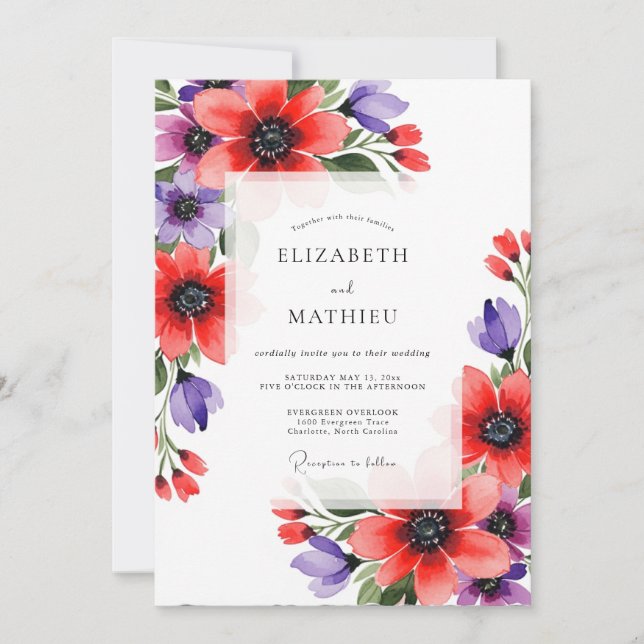 Coral Violet Artistic Bloom Wedding Invitation (Front)