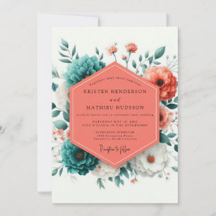 Coral Viridian Artful Bloom Wedding Invitation