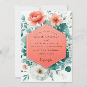 Coral Viridian Bloom Wedding Invitation