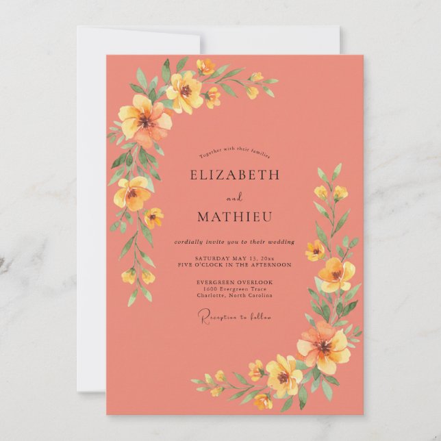 Coral Warm Golden Botanical Wedding Invitation (Front)